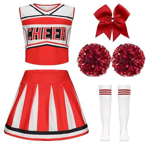 XFOZDM Disfraz de animadora para niños, niñas, vestido de carnaval, disfraz con pompones, tocado y calcetines, para Halloween, carnaval, uniforme de escuela secundaria