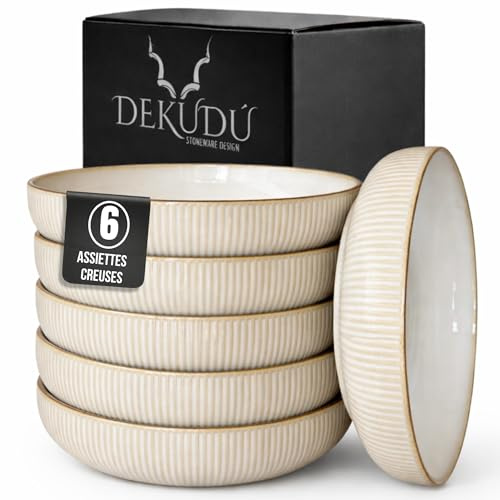 DEKUDÙ Set Piatti Moderni Piatti Fondi Ceramica Gres di Qualità - Realizzata a mano - 6 pezzi ∅ 19,5 cm - Elevata durezza - Lavabile in lavastoviglie e Adatto microonde - Stile moderno - Beige