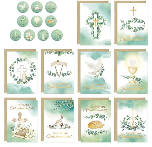 Juego de 10 tarjetas de comunión A6, tarjetas de felicitación con sobres y pegatinas, tarjetas plegables para comunión, bautizo, confirmación, confirmación, para niñas y niños