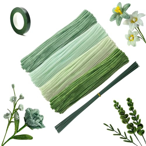 ANBOWEI Grön piprensare blommor set 4 färger knåp piprensare | 240 stycken bukett piprensare för pyssel, Green Pipe Cleaner Flower set med grön blomtråd och blomband