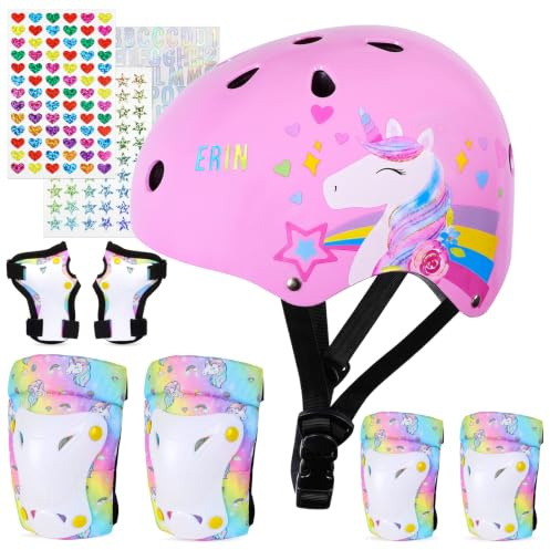 MHJY Kids Helmet and Pads Set with DIY Stickers Girls Bike Helmet Age 3-8 Years Unicorn Knee and Elbow Pads Adjustable Protective Gear for Children Cycle, Skateboard Scooter, Roller Skates