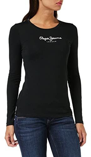 Pepe Jeans London New Virginia LS N T-Shirt donna Slim Fit a manica lunga, top in cotone stretch con scollo a girocollo e logo, nero