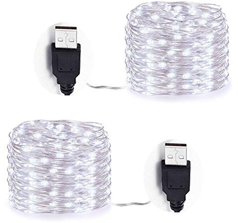 Stringa Luci Led, [2pack] 10M 100 LEDs Filo di Rame Catene Luminose USB Impermeabile Illuminazione, per il partito, Natale, Vacanza, Decorazione della camera, Decorazione di nozze (Bianco freddo)