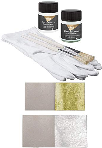 Set 20 Blatt Echtes Blattgold 23 Karat Echt Gold 3,8 x 3,8cm Vergolden Basteln + 20 Blatt Blattsilber 5 x 5cm Silber + 1x Kreul Anlegemilch 50ml + 1x Überzugslack 50ml + 1 Paar Handschuhe + 2 x Pinsel