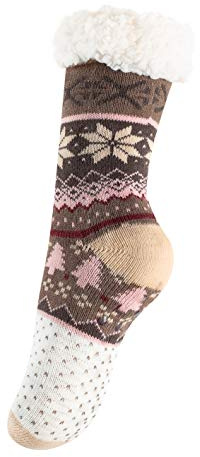Yenita Femme Chaussons Chaussettes d’hiver Laine Pantoufle Chauds Avec Prises Antidérapantes (One Size (36-41), cerf sautant-couleur sable)