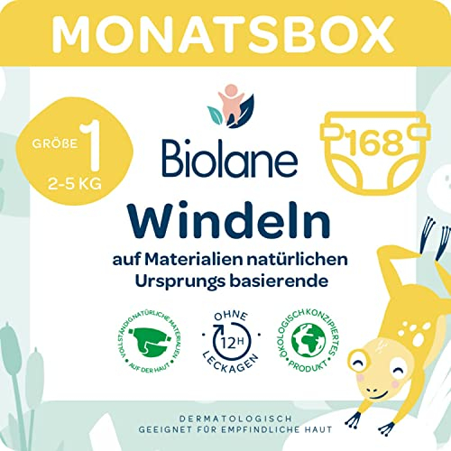 Windel Größe 1 ökologisch - Biolane - Größe 1 (2-5 kg) - Für empfindliche Haut - Besonders absorbierend, Keine Undichtigkeiten, 12 Stunden trocken - Ein-Monats-Packung 168 Windeln