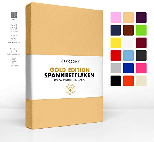 Jacobson Gold Edition Jersey Spannbettlaken Spannbetttuch Baumwolle mit ELASTAN ca. 200 g/m² (60x120 cm - 70x140 cm, Beige)