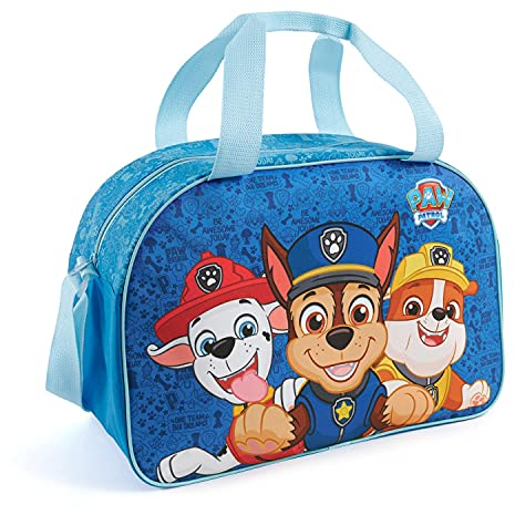 PERLETTI Bolsa Deporte Infantil Niño Paw Patrol con Bandolera - Bolso Deportivo para Niños Viajes y Tiempo Libre con Estampa Chase Marshall y Rubble - Mochila Gimnasio para Pequeños Azul - 28x41.5x21
