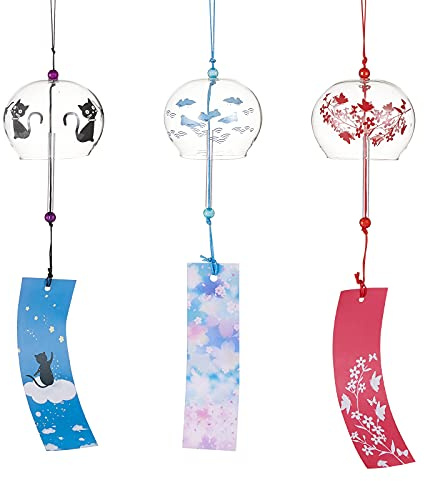 BENECREAT 3PCS Campanelli Eolici Giapponesi Campane A Vento In Vetro Rosso/Blu/Nero Pendenti Fatti A Mano per Regali di Compleanno e Decorazioni per La Casa