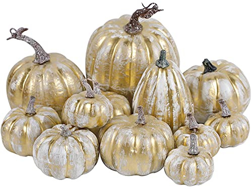 winemana 12 Pcs Thanksgiving Pumpkin Decorations, Assorted Sizes Artificial Foam Golden Pumpkins Fall Autumn Decor for Harvest Table Home Indoor Outdoor