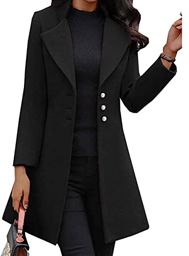 BAIXIAOCHI Winter Mid-Length Wool Lapels Look Thin, Solid Color Slim Women'S Woolen Coat Jacket, Black, M