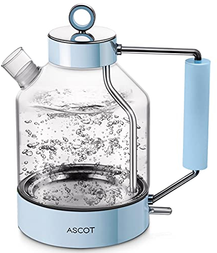Electric Kettle, ASCOT Glass Electric Tea Kettle 1.5L 1500W Retro Tea Heater & Hot Water Boiler, No Plastic, BPA-Free, Cordless, with Auto Shut-Off and Boil-Dry Protection (Blue)