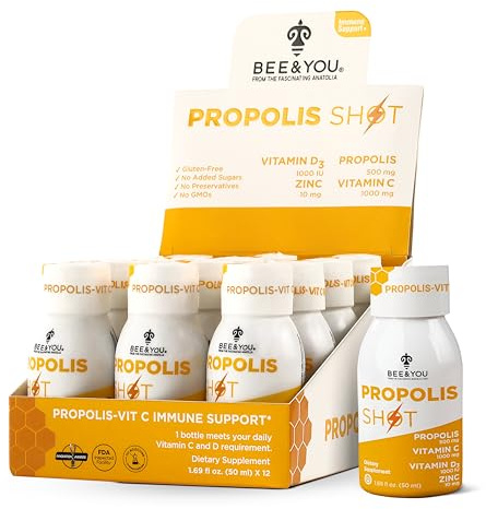 BEE and You Immune Support 100% Natural Propolis Shot Supplement, Antioxidants, Vitamin C, VIT D3, Zinc, Orange Juice, Raw Honey, 1.69 fl. oz x 12 Bottles