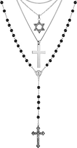 Jadive 3 Pcs Cross Necklace Set Include 80s Vintage Cross Necklace 80s Hexagram Pendant Set Black Glass Rosary Beads Rosaries for Costume Set