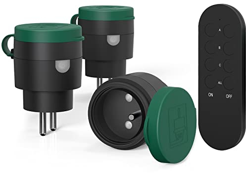 Prise Telecommande sans Fil, SURNICE Prises Télécommandées Extérieures IP44, Portée 40 M, 2300 W, Plug and Play, All On/Off, Noir/Vert