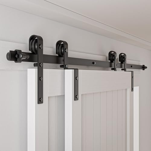 Skjutdörrsbeslag bypass dubbeldörr 12,6 FT/386 cm skjutdörrar skjutdörrsystem komplett set löpskena hjul set svart för 2 trädörrar 186 cm bred, J-form