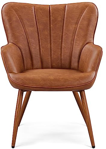 costoffs Leather Tub Chair, Upholstered Living Room Armchair, Modern Comfy Curved Back Accent Chair with Sturdy Legs for Bedroom Makeup Office, Retro Brown