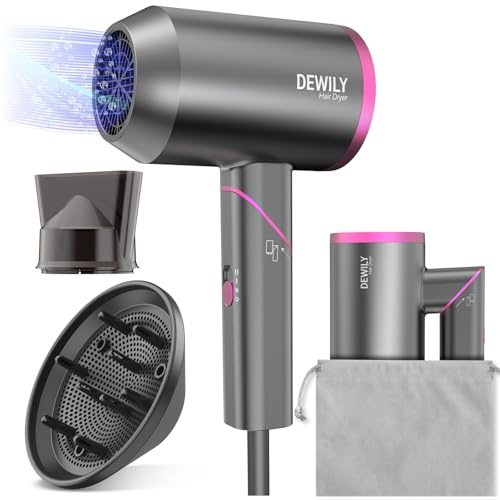 Travel Hair Dryer for Women Men-DEWILY Powerful Foldable Ironic Hairdryers | Small Fast Drying Blow Dryer for Curly Hair and Straight Hair with styling nozzle and diffuser