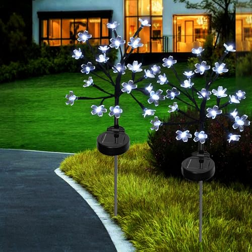 Lámparas solares para jardín exterior, 2 unidades, 16 ledes, ramas solares de flores de cerezo, iluminación exterior, simulación solar, luz de árbol, decoración de jardín, resistente a la intemperie