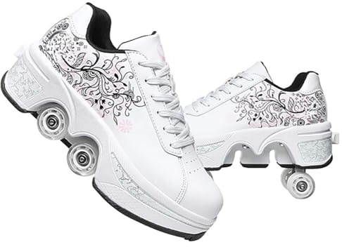 Roller Skate Shoes for Women, Double-Row Deform Quad Roller Skates, Automatic Walking Shoes Detachable Roller Skate, Shoes with Wheels for Girls Boys, Skating Shoes Unisex (White Flower, US 8)