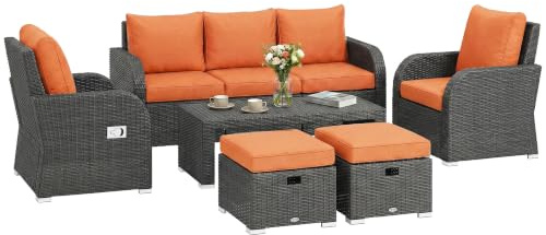 Outsunny 7 Seater Rattan Garden Furniture Set 2 Reclining Chairs Orange | 3 Seater Sofa, Coffee Table, Footstools, Space-Saving, 6 Piece, Outdoor Patio Furniture Conversation Set with Cushions