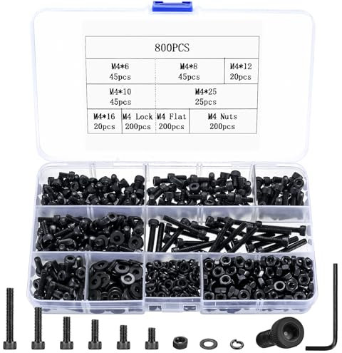 800 Pcs M4 Juego de Tornillos y Tuercas y Arandelas, Tornillos de Cabeza Hueca Hexagonal, Métricos Tornillería Pernos Tornillos Cabeza Hexagonales para Reparación Máquinas, Negro