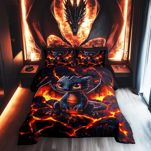 Manfei Dragon Comforter Set Full Size,Volcano Eruption 3D Red Lava Flame Print Bedding Set 3 Pcs for Teens Young,Cute Black Dragon Mystic Animal Natural Disaster Down Comforter,2 Pillowcases
