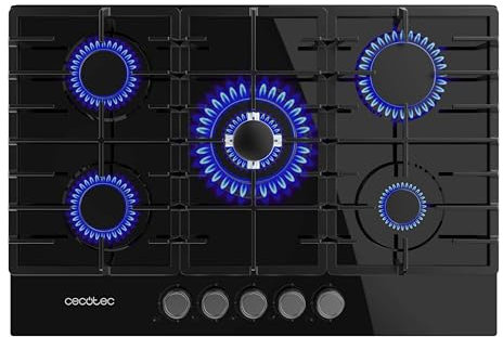 Cecotec Placa de Gas Butano y Natural 5 Fuegos Bolero Squad G 5200F Glass Black. 11000W, Cristal Negro, Parrillas Completas Hierro Fundido, WOK Triple Corona, Encendido Eléctrico, Sistema Seguridad