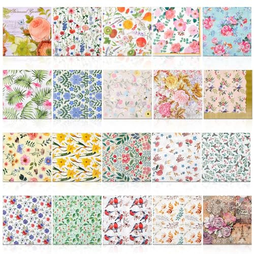 Crtiin 20 Pack Decoupage Napkins Floral Napkins Flower Cocktail Paper Decorative Toilet for Valentine's Day Birthday Party Beautiful Gorgeous, 20 Styles Each 6.5 Inches(Style 2)