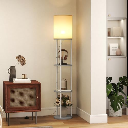 HOMCOM Lámpara de Pie con Estantes, Lámpara con 3 Temperaturas de Color, Control Remoto, para Salón, Dormitorio, Oficina, Gris