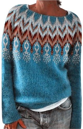 Sweaters for Women Fairisle Jumpers for Women UK Long Sleeves Soft Jumper Cosy Warm Fashion Crew Neck Autumn Sweaters Plus Size Casual Pullover Tops Ladies Knitwear Turquoise M
