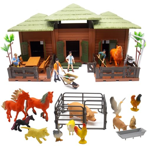 Bonikita 83PCS Spielset mit Bauernhoftieren, DIY-Tierszene mit Bauernhaus, Bauer, Schwein, Pferd, Schubkarre, Zaun und Reinigungsset – Spielzeug für Kinder, Kleinkinder, Jungen und Mädchen ab 3 Jahren