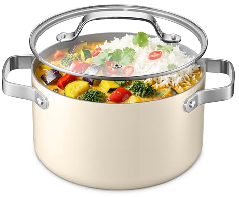 Bakken 5 Quart Ceramic Coated Stock Pot with Lid, Easy to Clean Nonstick Pot, Tempered Glass Lid, Riveted Stainless Steel Handles, Oven Safe Up To 500°F, PTFE & PFAS Free, All Stove Compatible, Cream