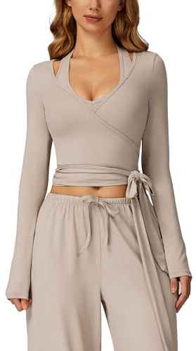 IDOPIP Maglia avvolgente da donna: maglietta sportiva con scollo a V, opaca, a maniche lunghe, per fitness, yoga, allenamento, pilates, beige chiaro, S