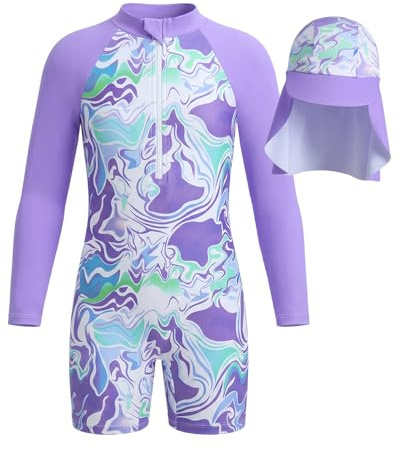 JiAmy Costume da bagno intero per ragazze, a maniche lunghe, con cerniera, protezione dai raggi UV, protezione dai raggi UV, costume da bagno a sirena, con cuffia da nuoto, per bambine dai 4 ai 12