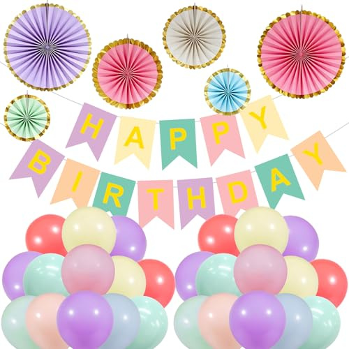 Decoracion Cumpleaños Pastel,50PCS Globos Pastel con Banner Feliz Cumpleaños y Bolas de Panal, Feliz Cumpleaños Decoracion, Happy Birthday Decoración para Niños Niñas y Mujeres