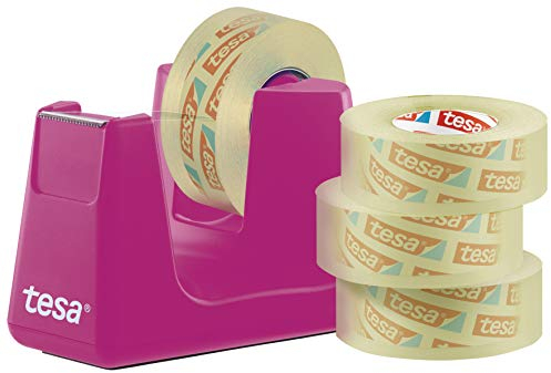 tesa Easy Cut Tischabroller Smart, Klebefilmabroller - mit Stop-Pad für sicheren Stand, inkl. 4 x Tesafilm Transparent 33 m:19 mm, Pink, 4 Rollen
