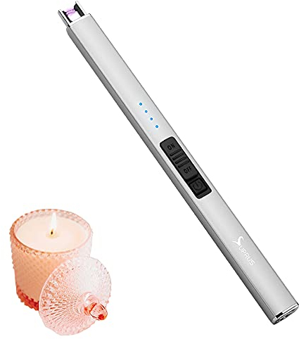SUPRUS elektrisk tändare ljusbåge, flamlös och USB-uppladdningsbar med säkerhetslås för BBQ och camping (silver)