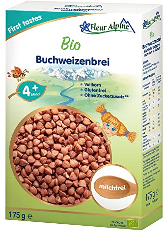 FLEUR ALPINE Bio Babybrei Buchweizen - Leckerer Frühstücksbrei | Nahrhaft und glutenfrei | einfache Zubereitung | Babynahrung 4+ Monate ohne Zuckerzusatz | 7 Portionen