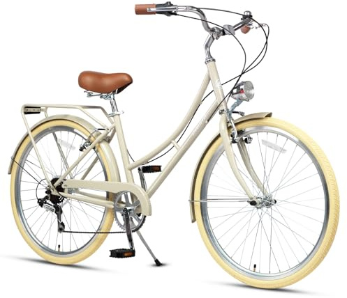 AVASTA 26 Inch Hybrid Bike, Lightweight Step-Through Hi-Ten Steel Frame for City Commuting, 6 Speed Comfort Bicycle with Light in Elegant Beige with Stylish Beige Tires for Woman Female