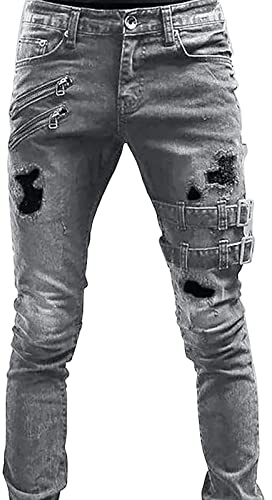 Jeans rasgados para hombre, elásticos, lavados, desgastados, pierna cónica, con cremallera, correa de hebilla, estilo hip hop, gótico, punk, ajustados, ajustados, para motociclista, gris (1#Grey),