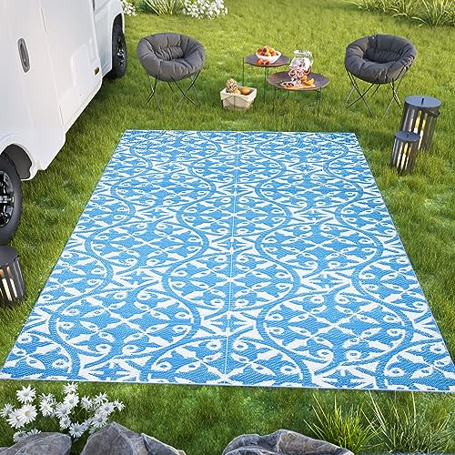 TAPISO Ibiza Area Rug Outdoor Waterproof Foldable Reversible Plastic Blue White Round Ornaments Carpet OEKO-TEX Size - 180 x 270 cm (5ft11 x 8ft10)