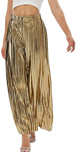 Fakanhui Pantalon Palazzo Femme à Jambes Larges Métalliques Or Argent Décontracté Robe de Soirée Party Tenue de Club, doré, M