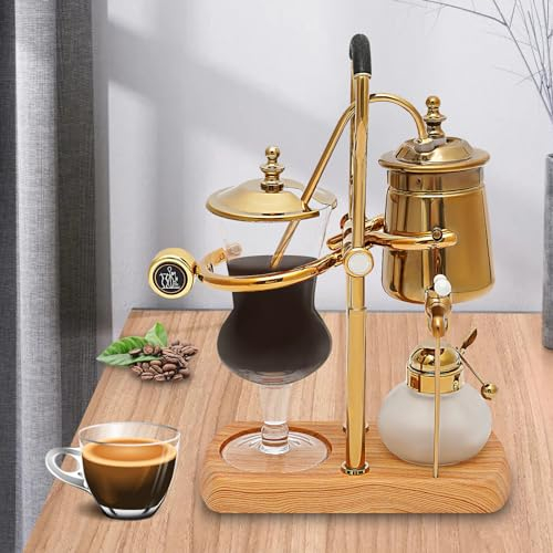 YyanLAK Siphon Kaffeemaschine, 400ml Retro Kaffeebereiter, Vakuum Kaffeebereiter Set 4 Tassen Heimgebrauch, Glassiphon Kaffeemaschine Heimgebrau, Passendem Holzbrettsockel Gold