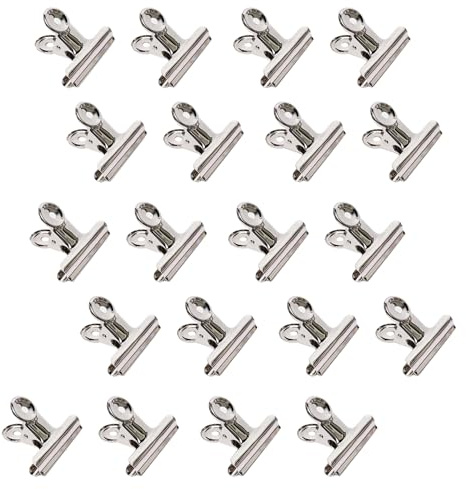 Qualsen Små bulldogsklämmor 31 mm silver rostfritt stål pärmklämmor med starka fjädermetallklämmor brevpapper lämpliga för etiketter bilder dokument foton (20-pack)