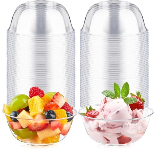 Qeirudu 10 oz Small Clear Plastic Bowls, 60 Pack Disposable Hard Plastic Party Serving Bowls for Salads, Ice Creams, Fruit, Desserts, Parfaits, Snacks