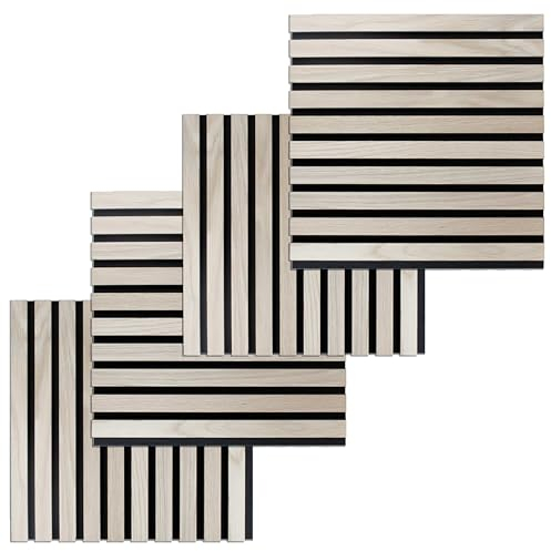 PROVISTON Lot de 4 panneaux muraux acoustiques 3D, 400 x 400 x 21 mm, lamelles en bois MDF plaqué, couleur chêne clair, surface en feutre comme matériau de support