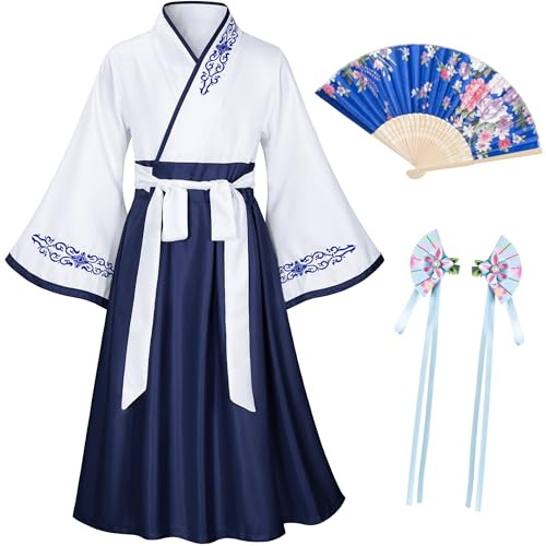 Asian Traditional Dress Kimono Robe for Kids Girls Costume Silk Folding Fans hairstick Cosplay (White Navy130cm)