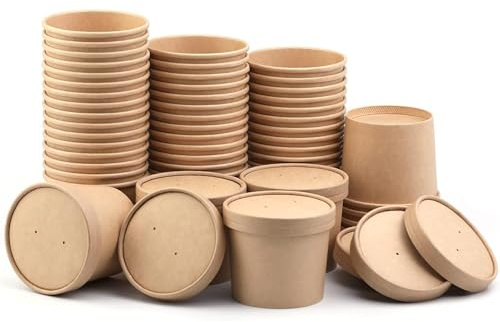 CaterCo Disposable Kraft Soup Containers with Lids (12oz / 340ml - 50 Pack) - Brown Paper Takeaway Paper Soup Cups, Microwave & Freezer Safe Ice Cream Container, Eco-Friendly (12oz / 340ml - 50 Pack)