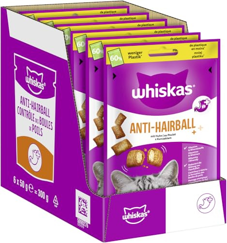 WHISKAS Snack anti-capelli per gatti 6 x 50 g – Deliziosi snack contro balle per pelo sano